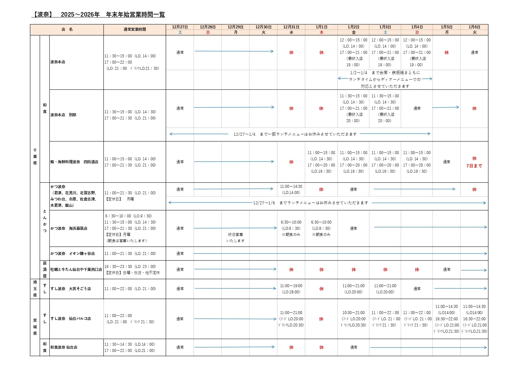 年末年始営業時間のご案内
